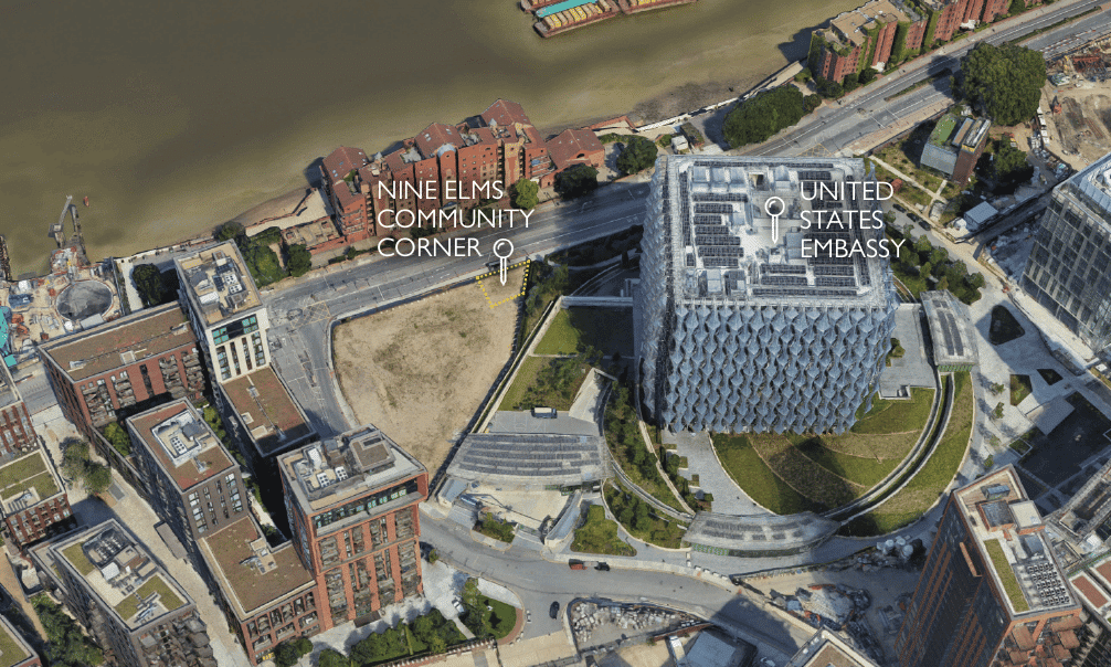 An overhead illustration of the 'Nine Elms Community Corner' near the United States Embassy.