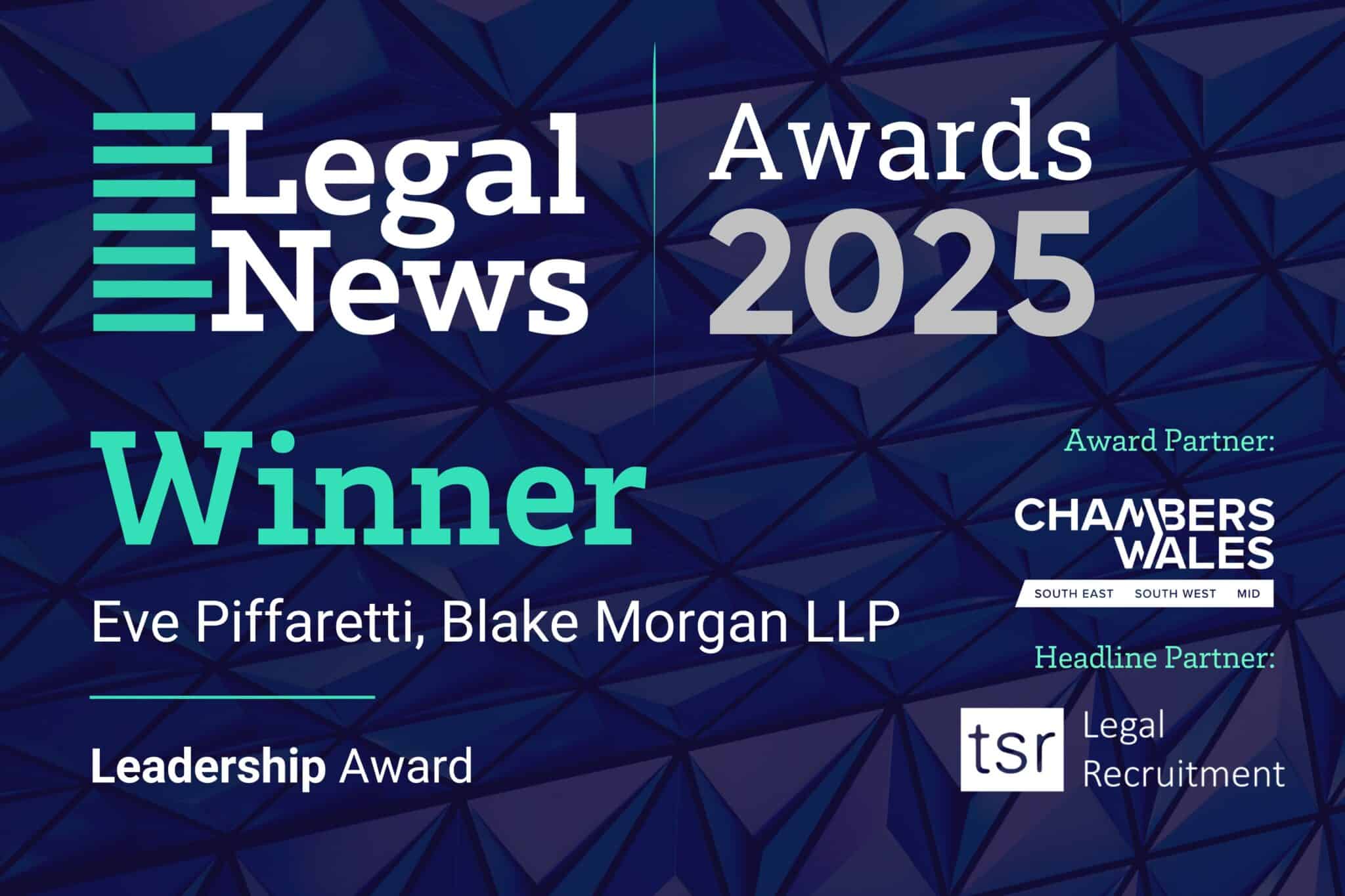 Legal News Wales Leadership Award winner logo for Eve Piffaretti.