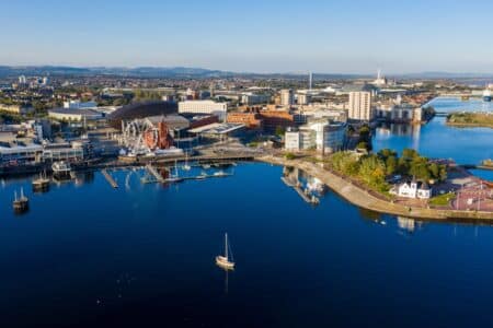 An aerial view of Cardiff Bay in Wales.